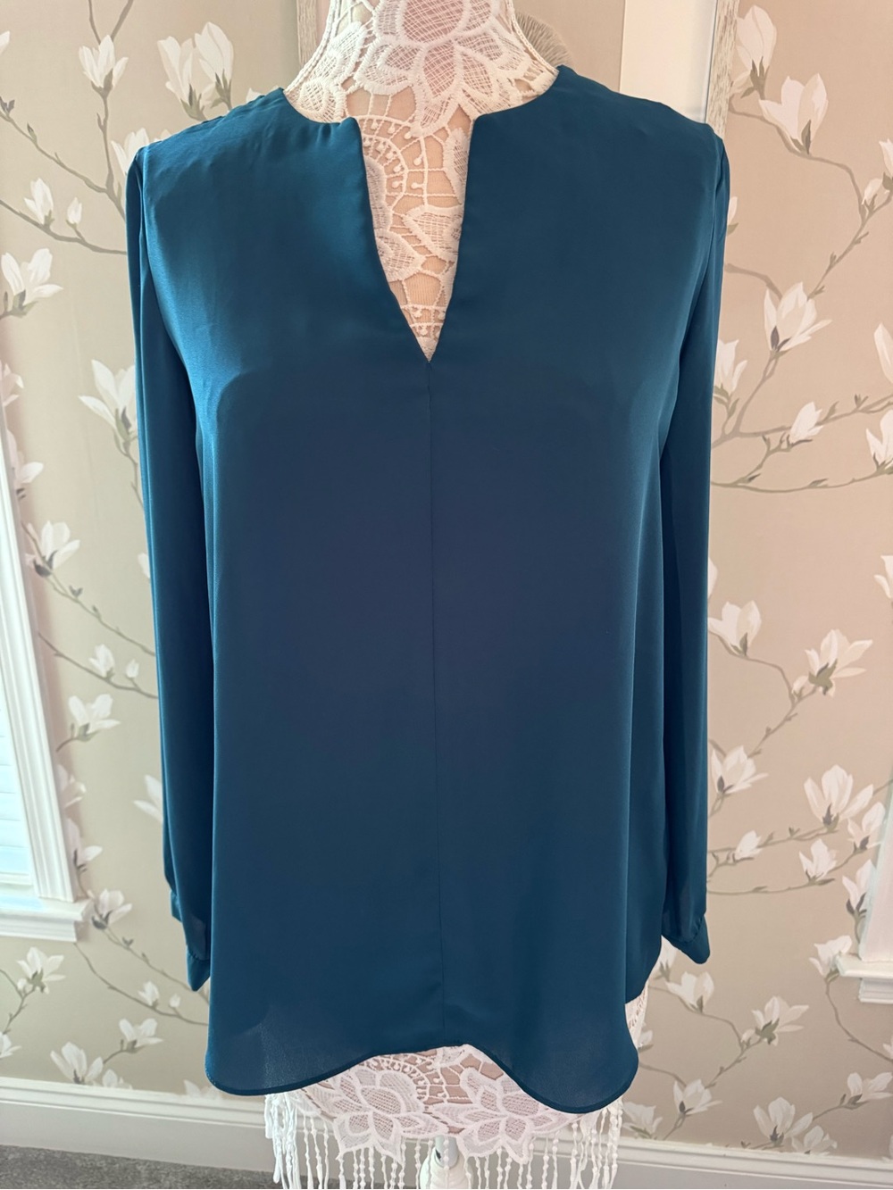mercer & madison Teal V-Notch Long-Sleeve Blouse